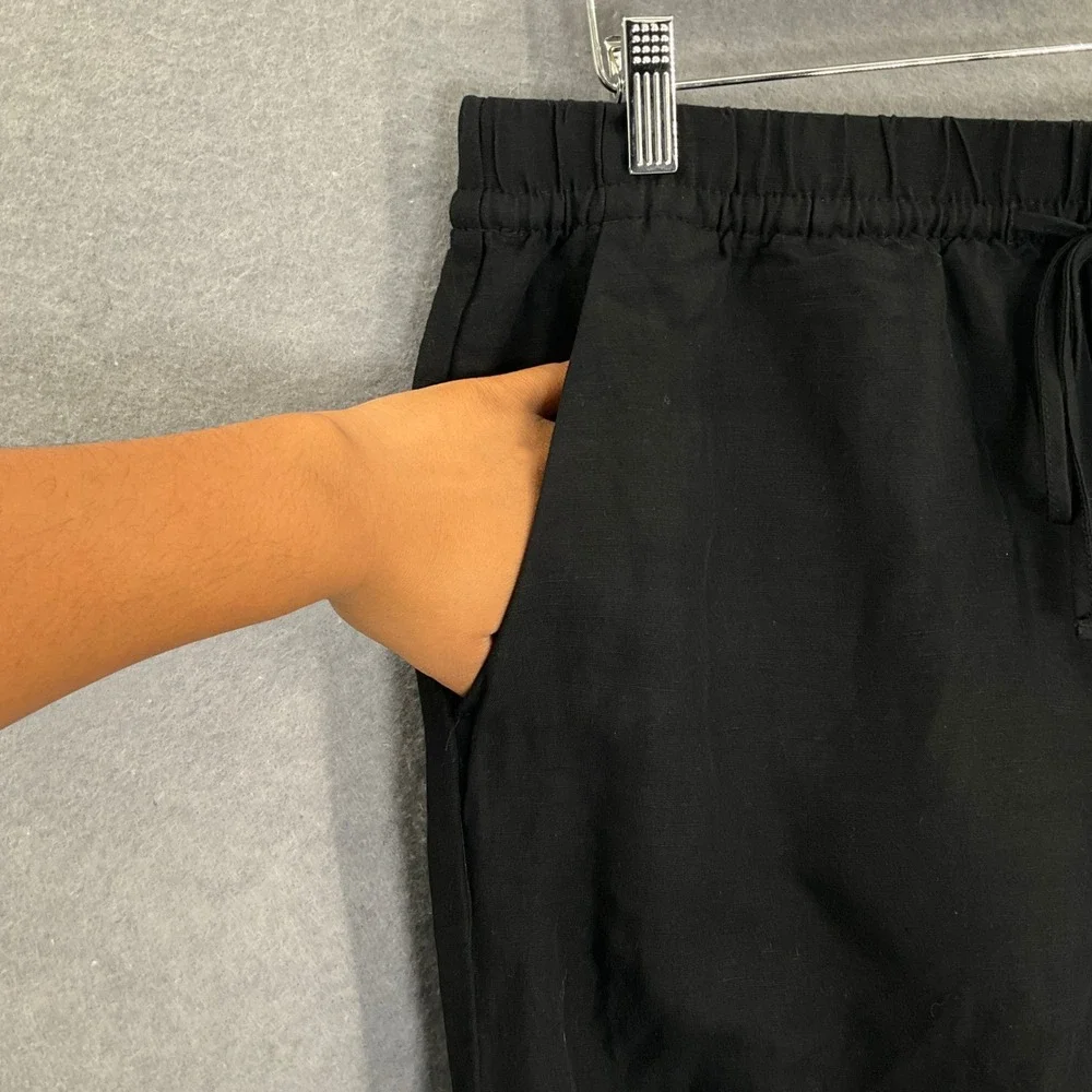 H&M Linen Blend Lounge Pants Womens Medium Black Drawstring Crop Casual Beachy‎